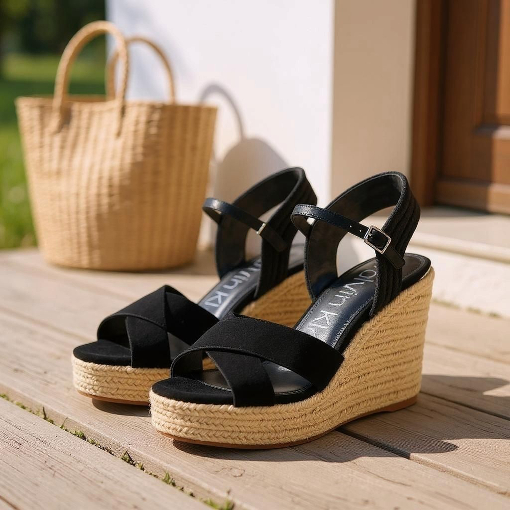 CALVIN KLEIN ELORY Suede LEATHER Cross Strap Espadrille Wedge Sandal 9.5 M BLACK